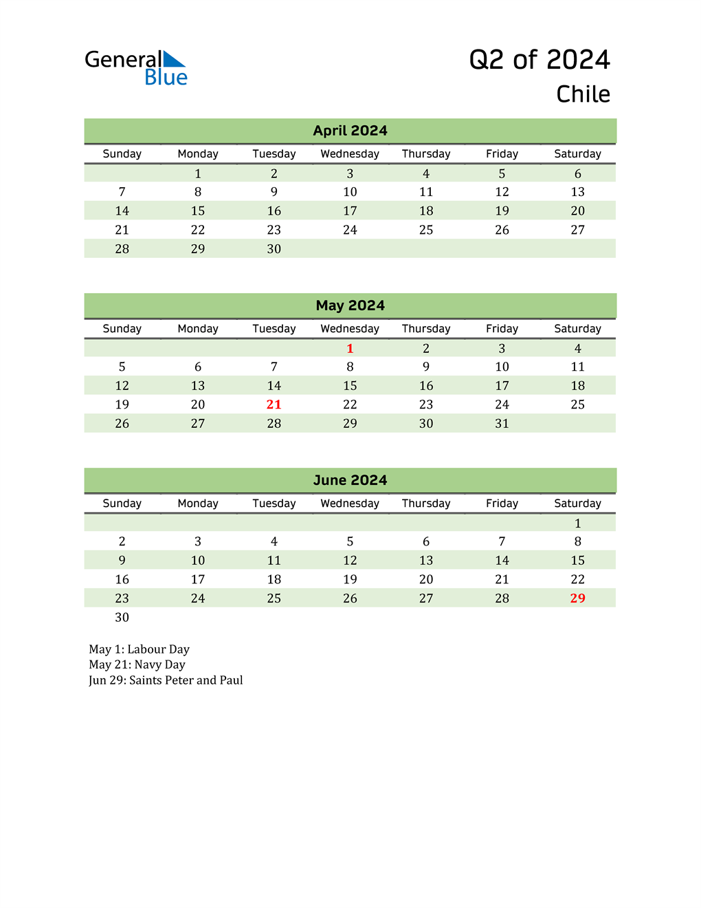  Quarterly Calendar 2024 with Chile Holidays 