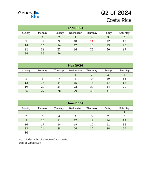  Quarterly Calendar 2024 with Costa Rica Holidays 