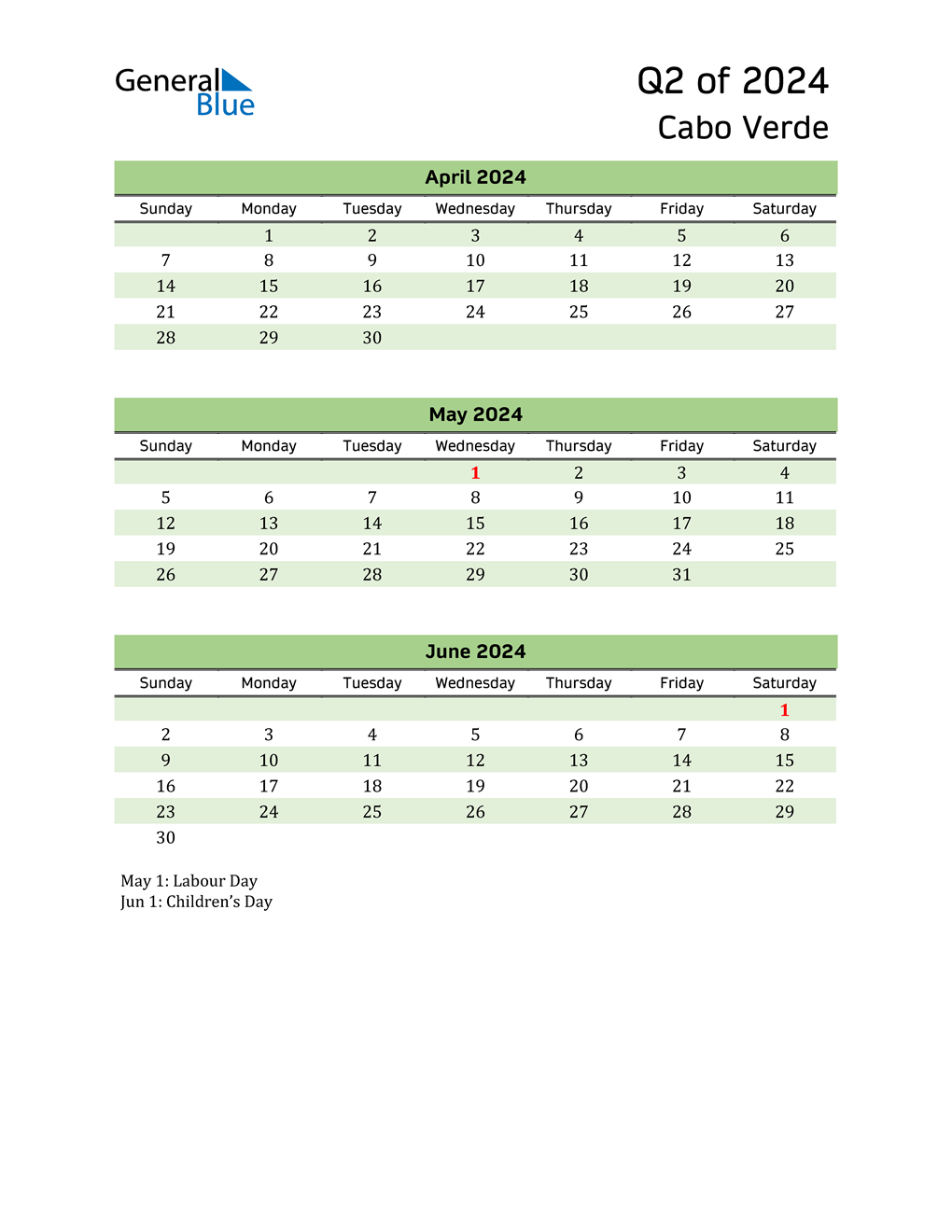  Quarterly Calendar 2024 with Cabo Verde Holidays 