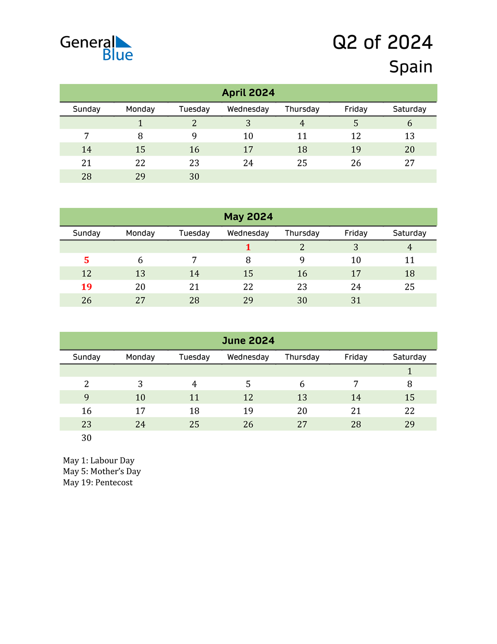  Quarterly Calendar 2024 with Spain Holidays 