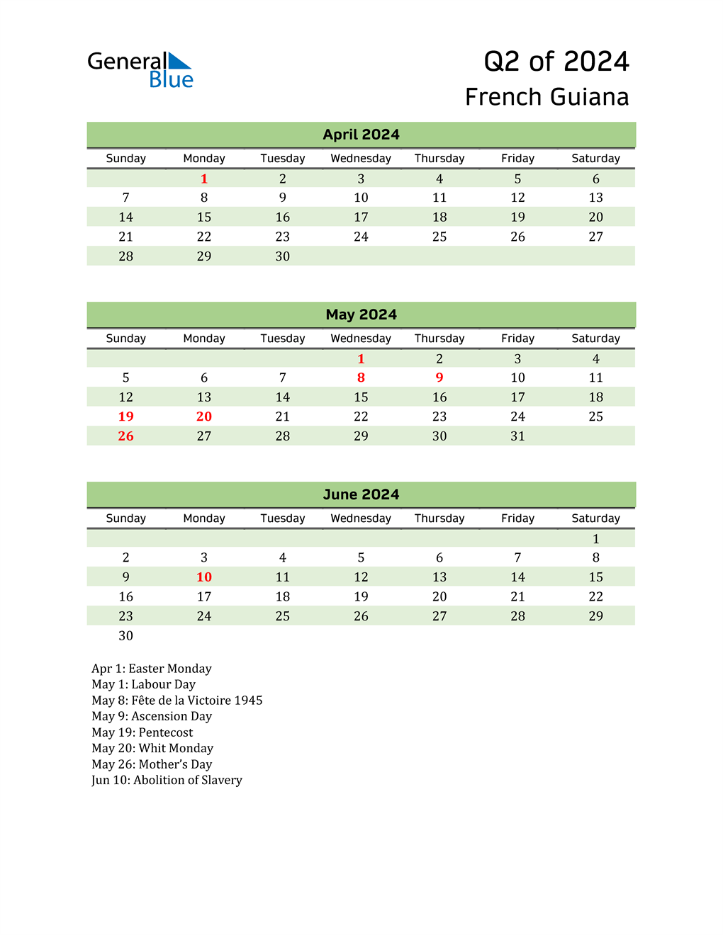  Quarterly Calendar 2024 with French Guiana Holidays 