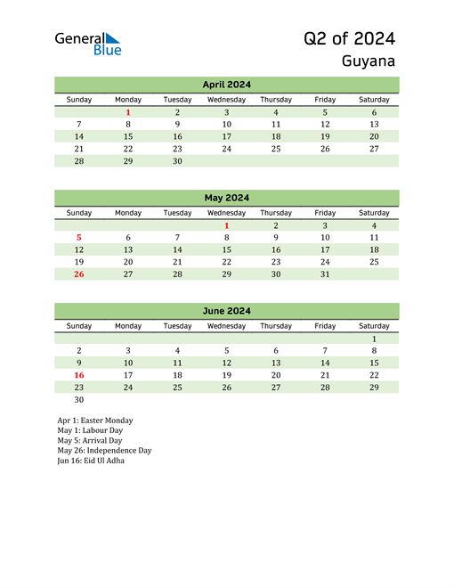 Q2 2024 Quarterly Calendar with Guyana Holidays