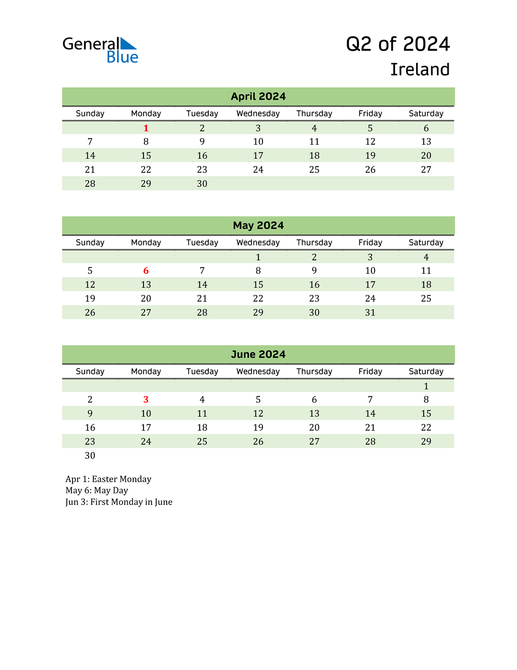  Quarterly Calendar 2024 with Ireland Holidays 