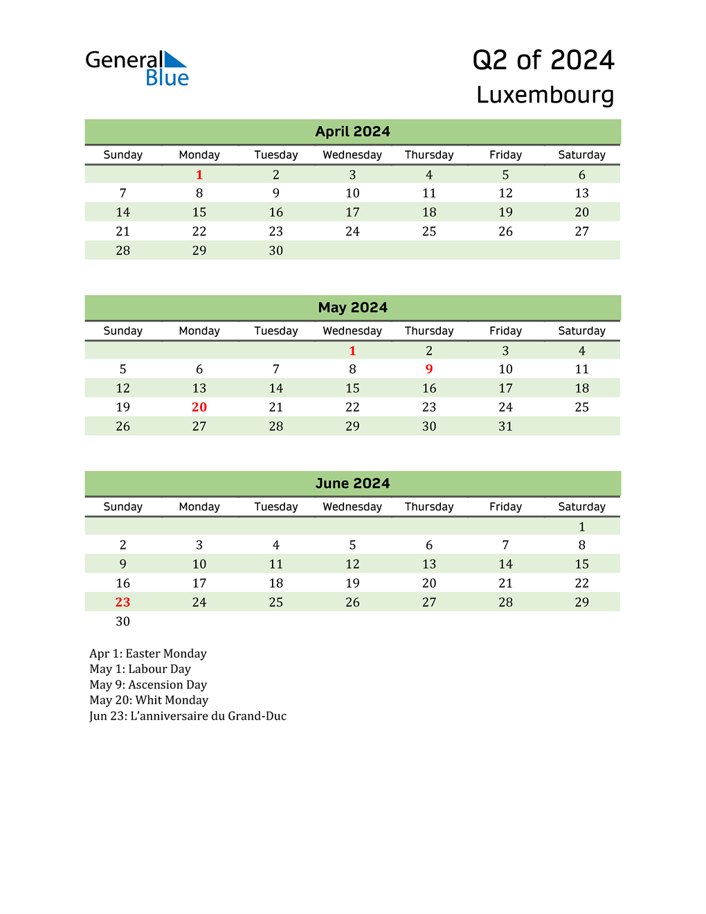  Quarterly Calendar 2024 with Luxembourg Holidays 