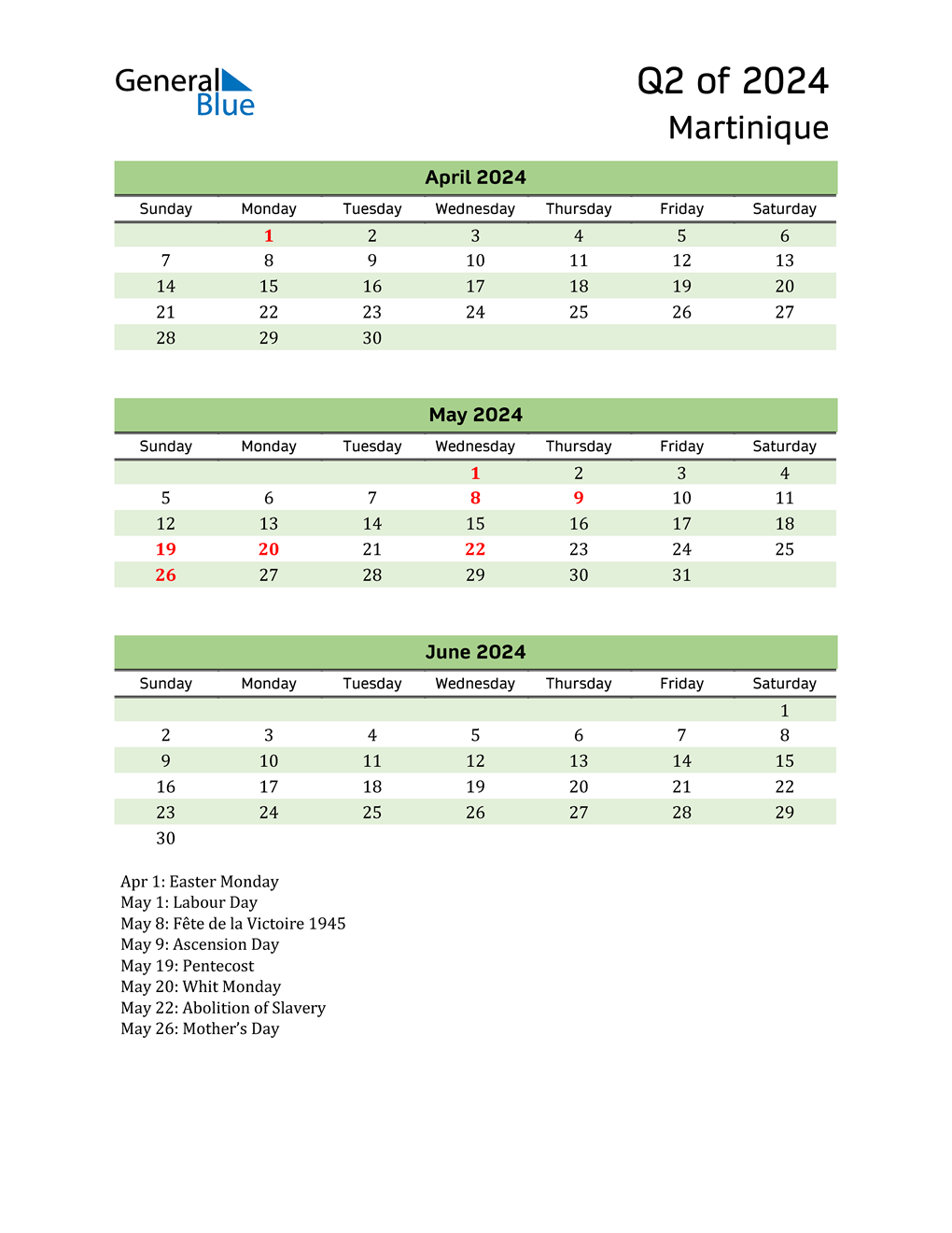  Quarterly Calendar 2024 with Martinique Holidays 