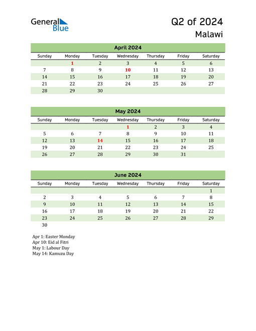  Quarterly Calendar 2024 with Malawi Holidays 