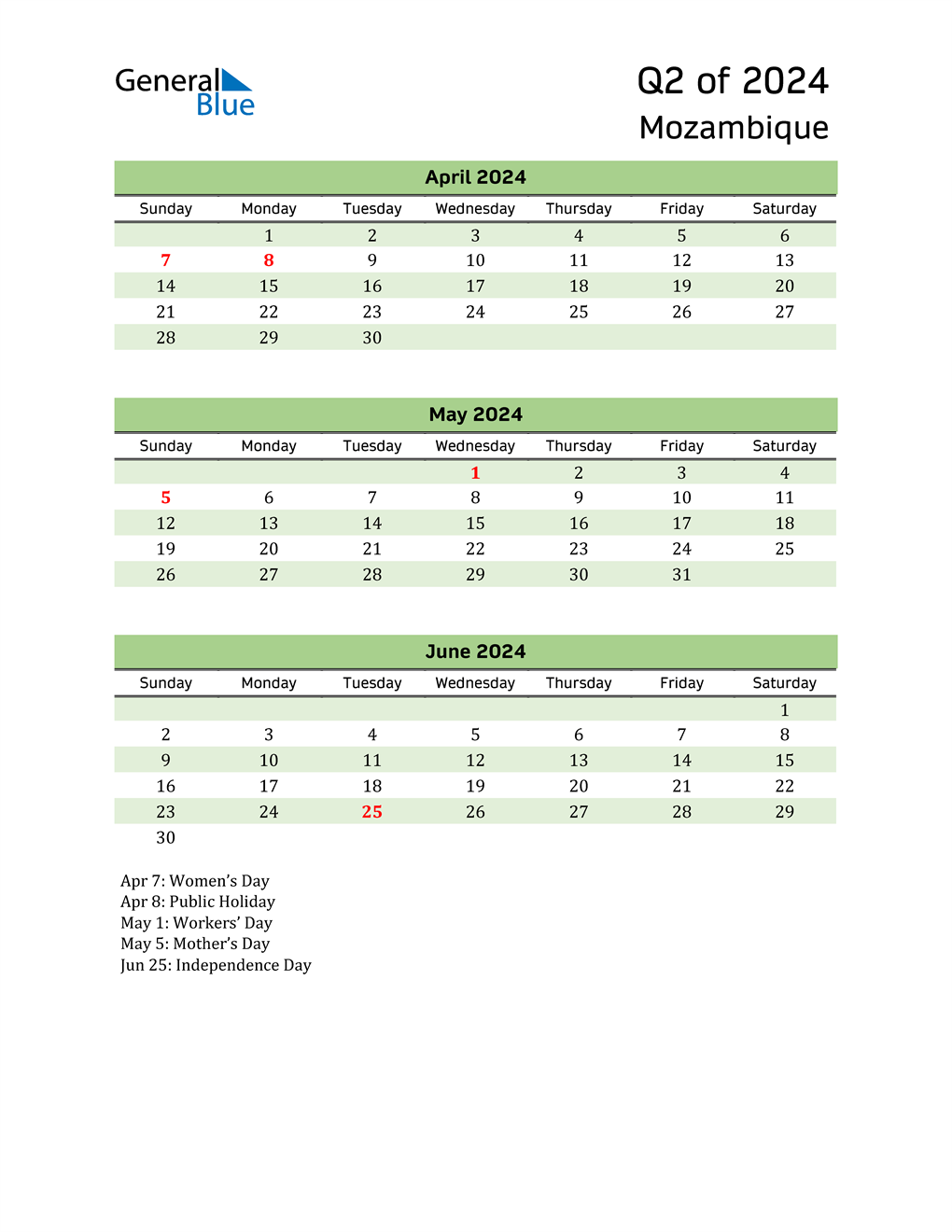  Quarterly Calendar 2024 with Mozambique Holidays 