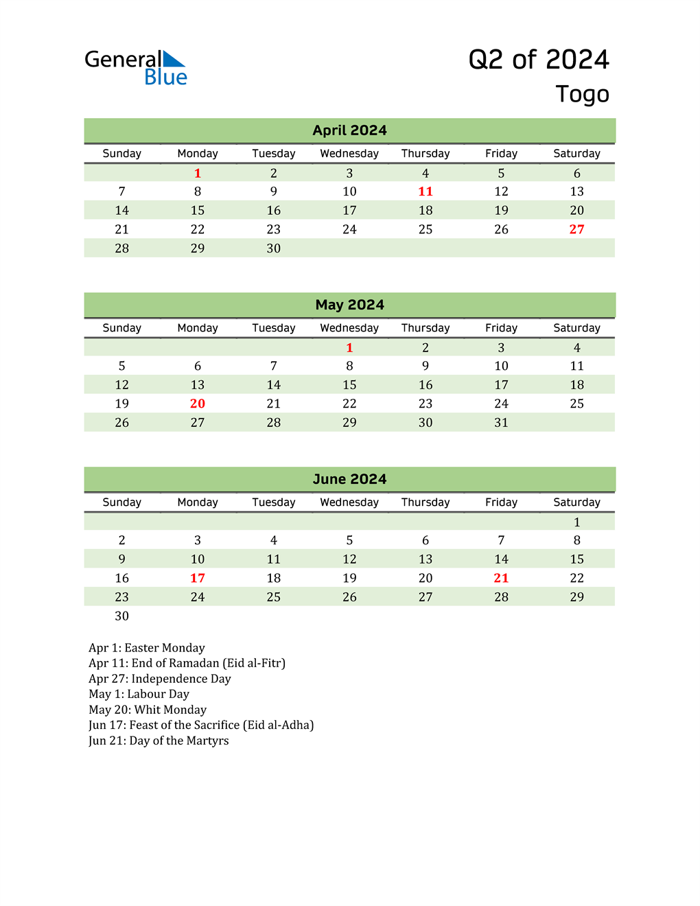  Quarterly Calendar 2024 with Togo Holidays 