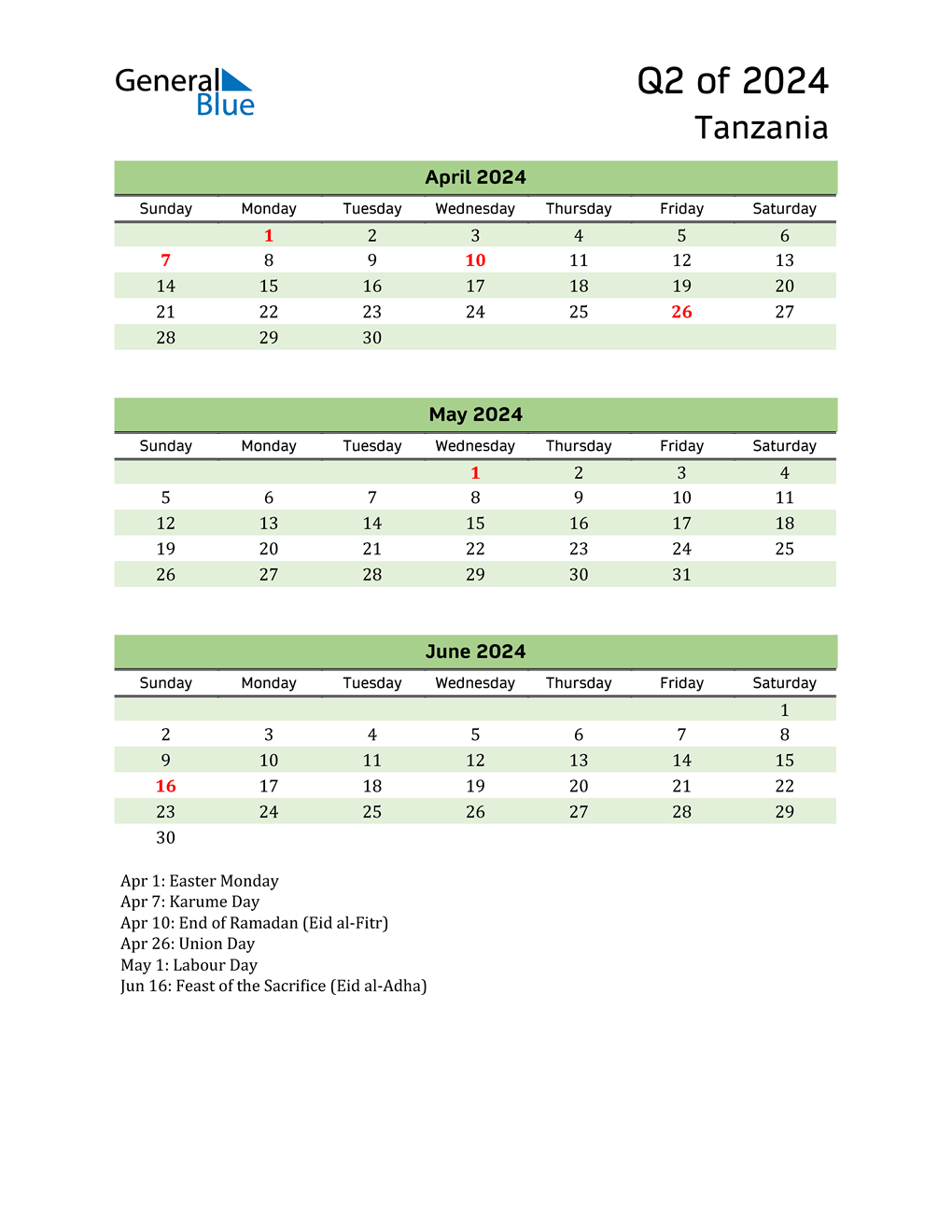 Quarterly Calendar 2024 with Tanzania Holidays 