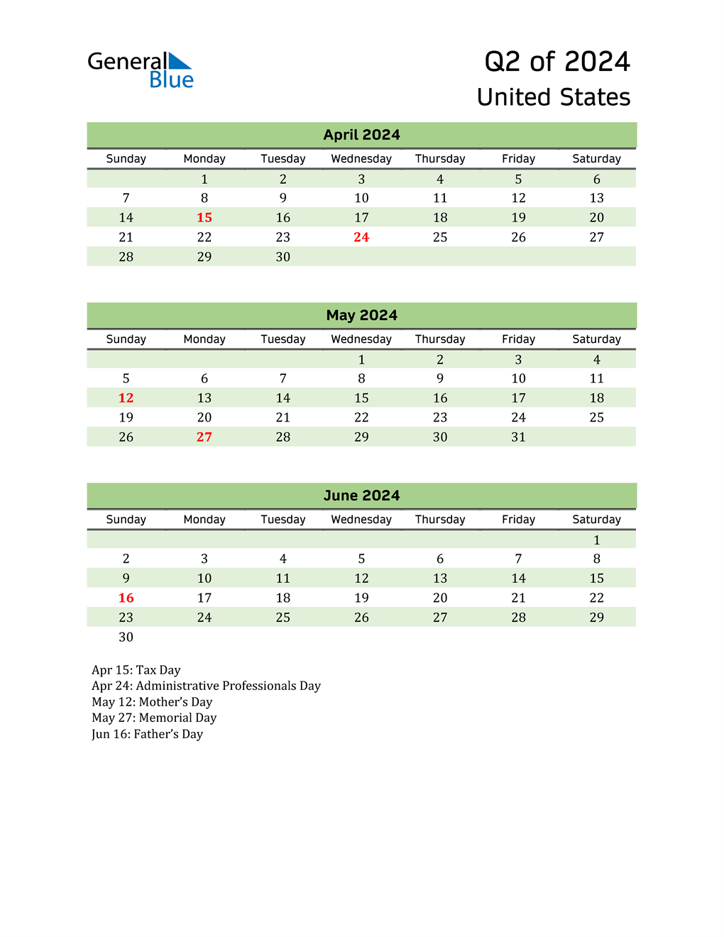  Quarterly Calendar 2024 with United States Holidays 