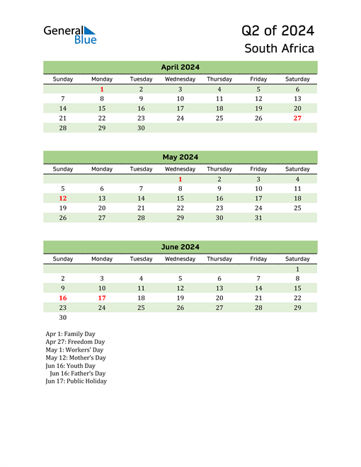  Quarterly Calendar 2024 with South Africa Holidays 