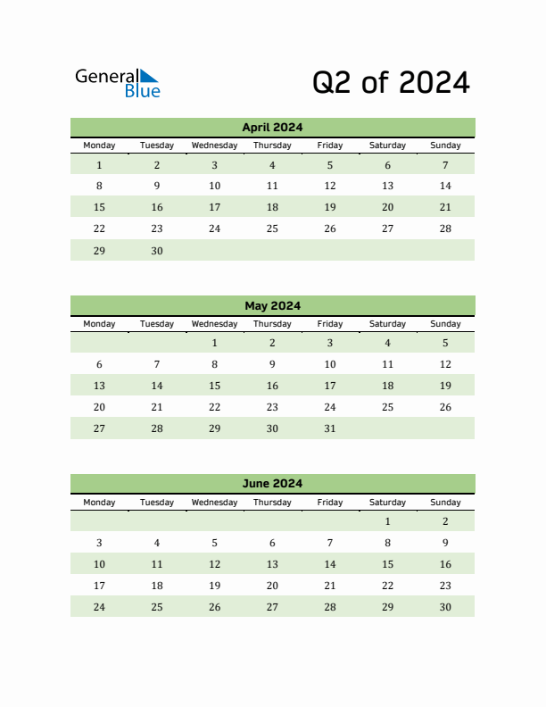 Printable Quarterly Calendar (Q2 2024)