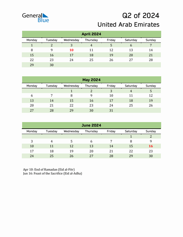 Quarterly Calendar 2024 with United Arab Emirates Holidays