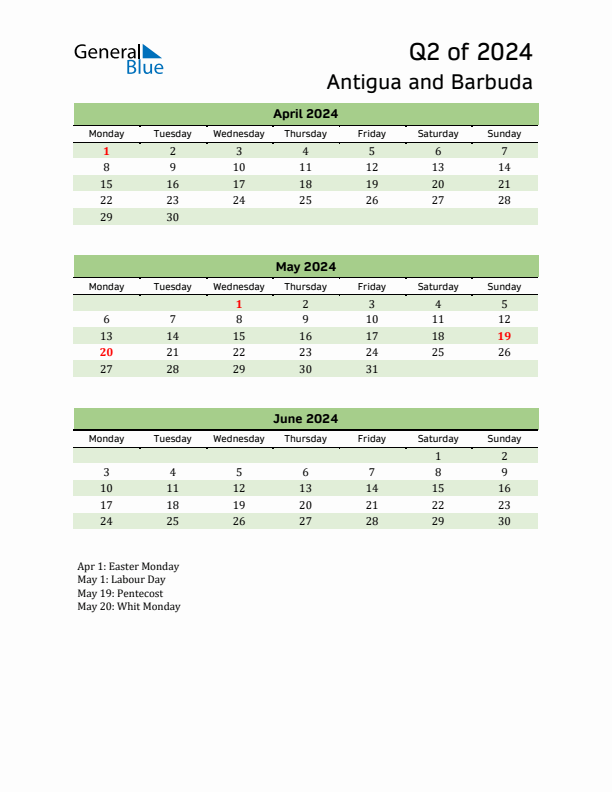 Quarterly Calendar 2024 with Antigua and Barbuda Holidays
