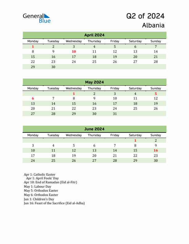 Quarterly Calendar 2024 with Albania Holidays