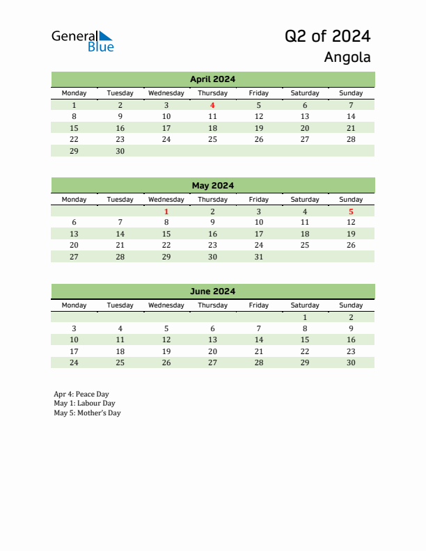 Quarterly Calendar 2024 with Angola Holidays