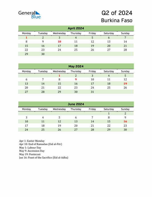 Quarterly Calendar 2024 with Burkina Faso Holidays
