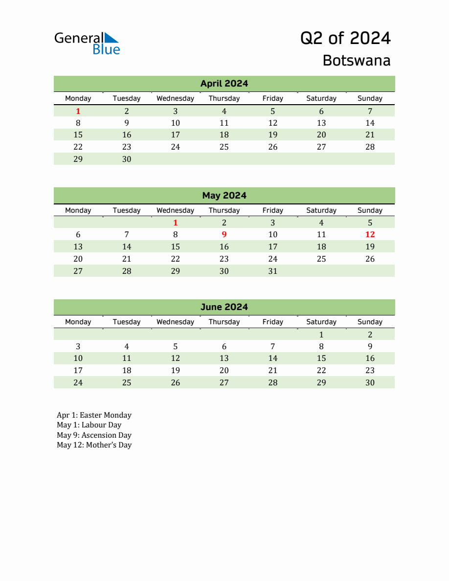 Quarterly Calendar 2024 with Botswana Holidays