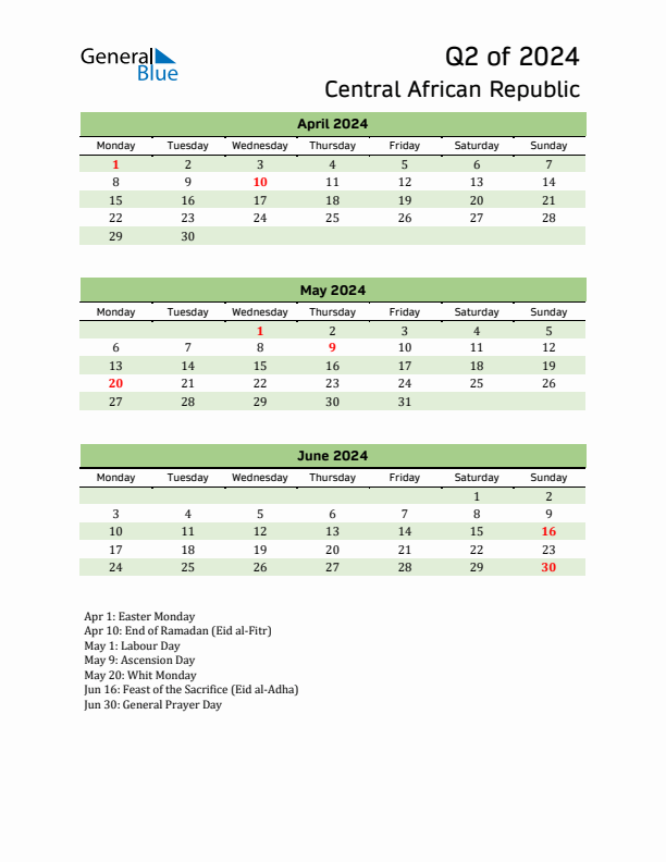 Quarterly Calendar 2024 with Central African Republic Holidays