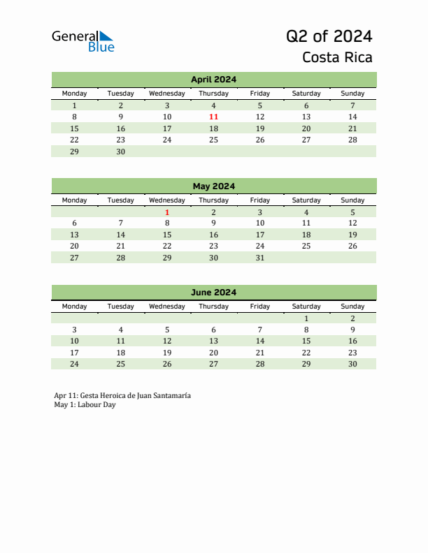 Quarterly Calendar 2024 with Costa Rica Holidays