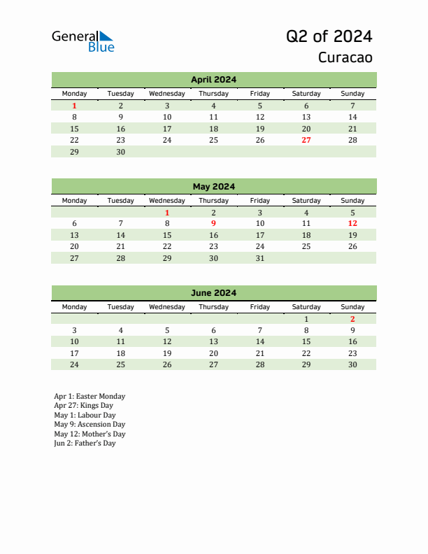 Quarterly Calendar 2024 with Curacao Holidays