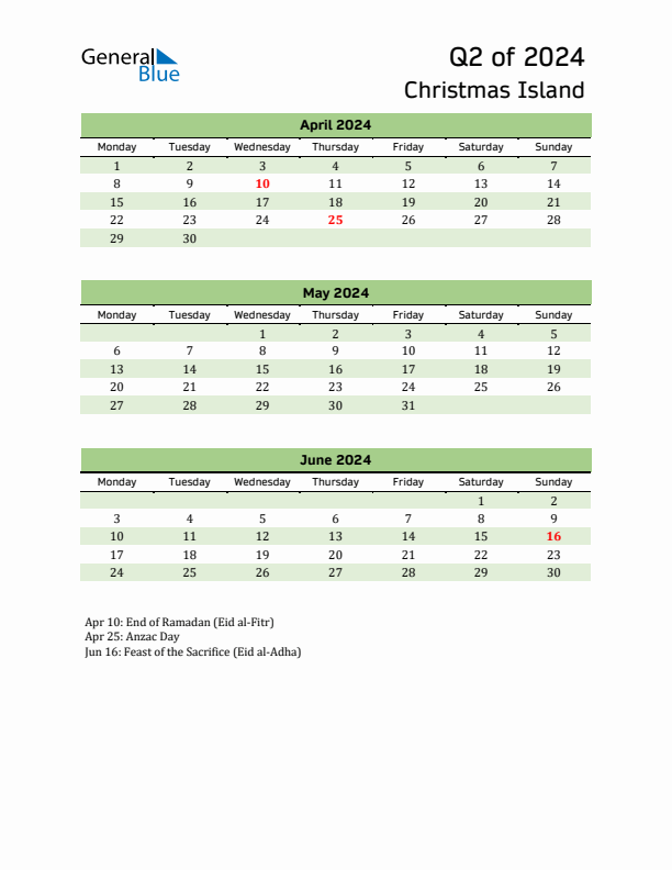 Quarterly Calendar 2024 with Christmas Island Holidays