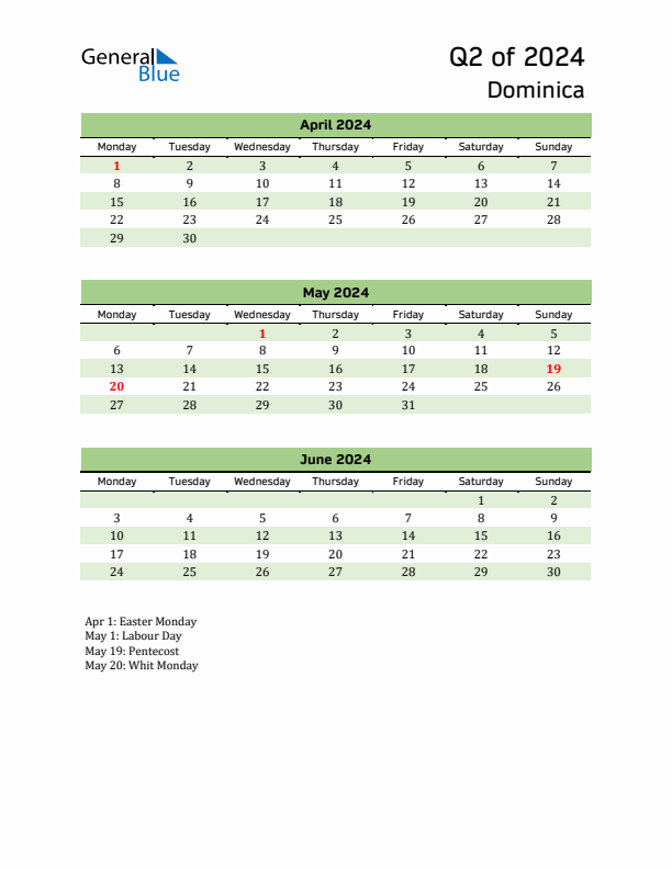 Quarterly Calendar 2024 with Dominica Holidays