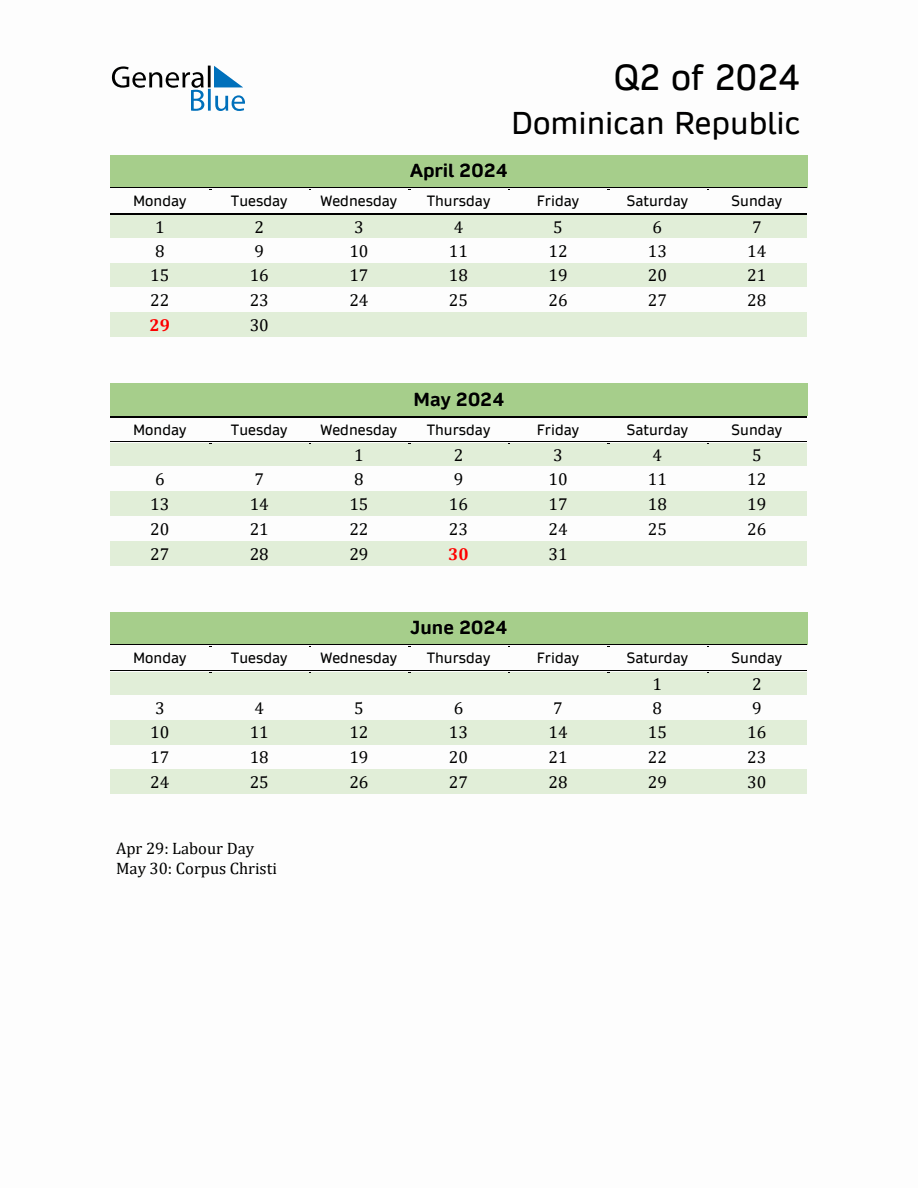 Quarterly Calendar 2024 with Dominican Republic Holidays