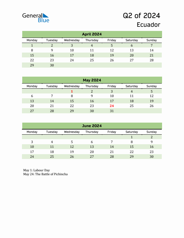 Quarterly Calendar 2024 with Ecuador Holidays