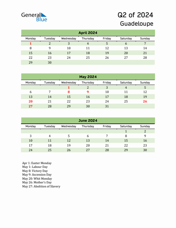 Quarterly Calendar 2024 with Guadeloupe Holidays
