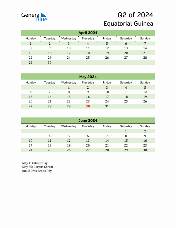 Quarterly Calendar 2024 with Equatorial Guinea Holidays