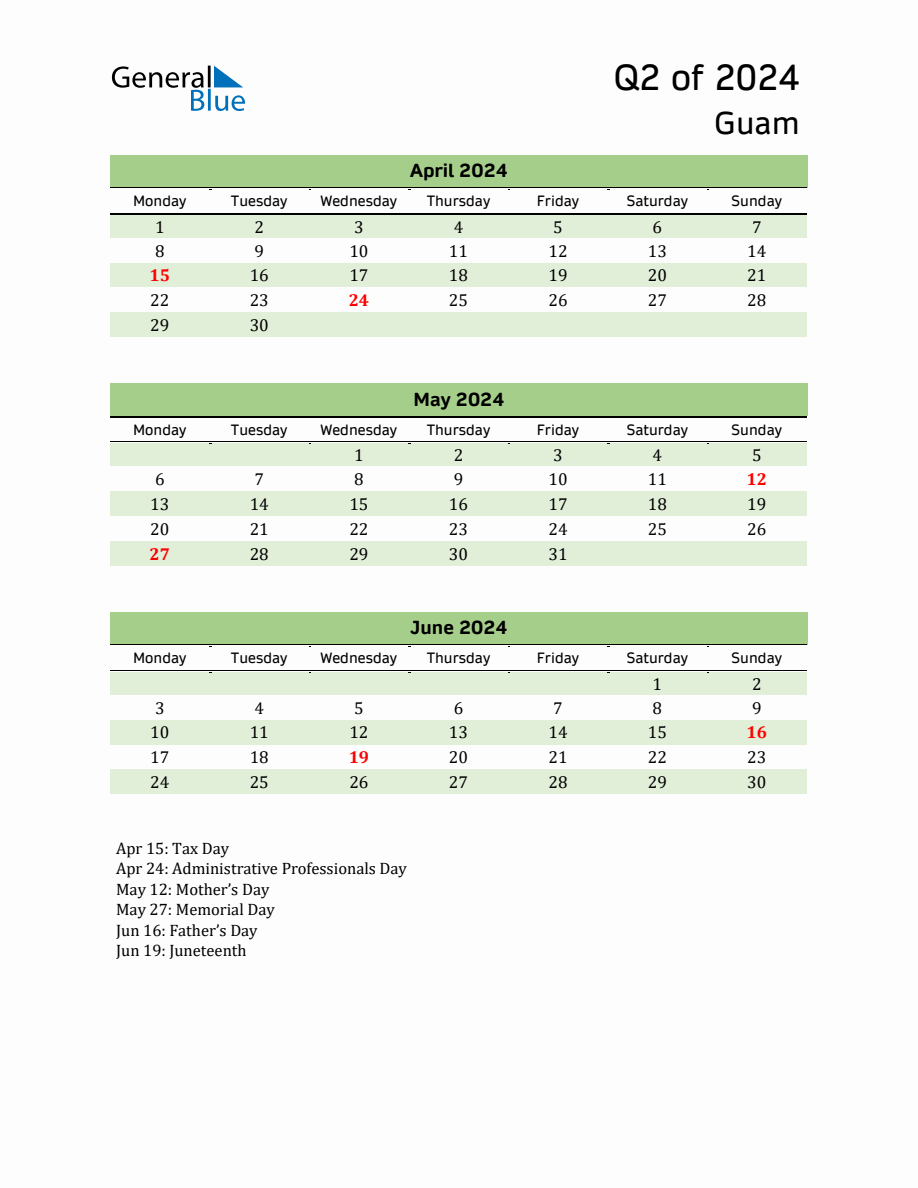 Quarterly Calendar 2024 with Guam Holidays