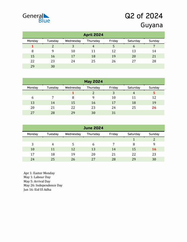 Q2 2024 Monday Start Quarterly Calendar with Guyana Holidays