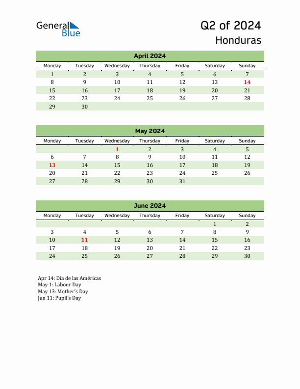 Quarterly Calendar 2024 with Honduras Holidays