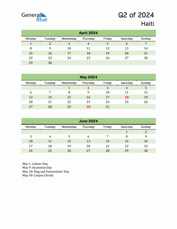 Quarterly Calendar 2024 with Haiti Holidays