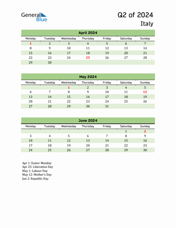 Quarterly Calendar 2024 with Italy Holidays