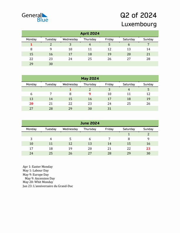 Quarterly Calendar 2024 with Luxembourg Holidays