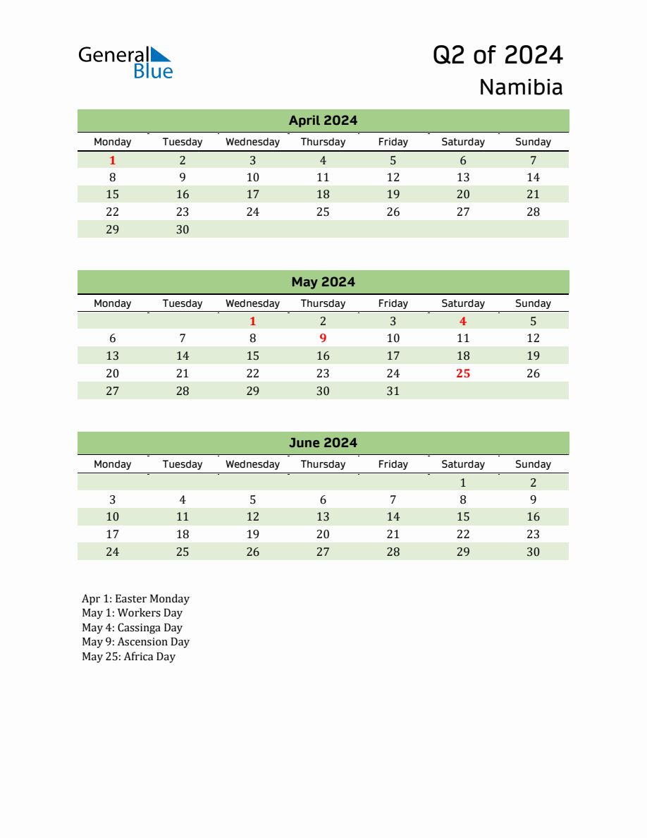 Quarterly Calendar 2024 with Namibia Holidays
