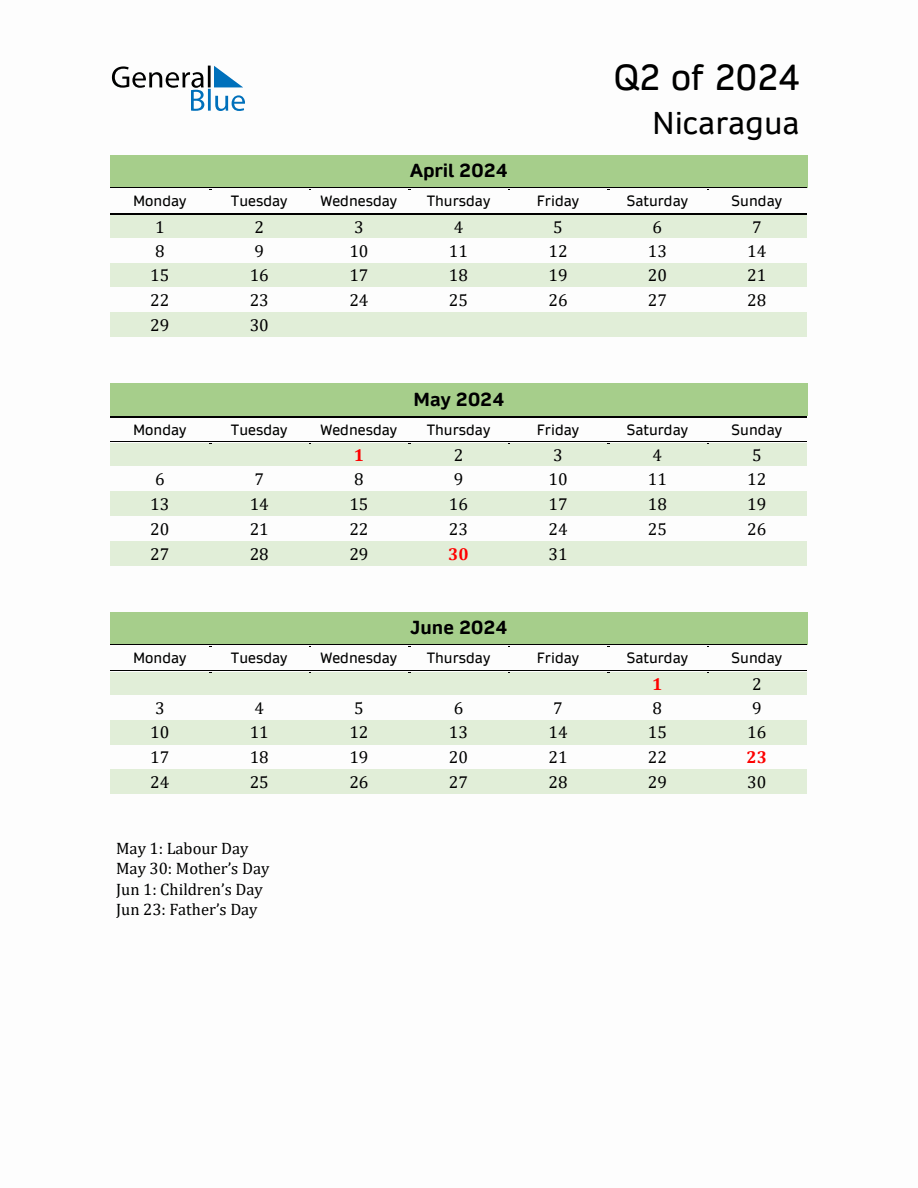 Quarterly Calendar 2024 with Nicaragua Holidays