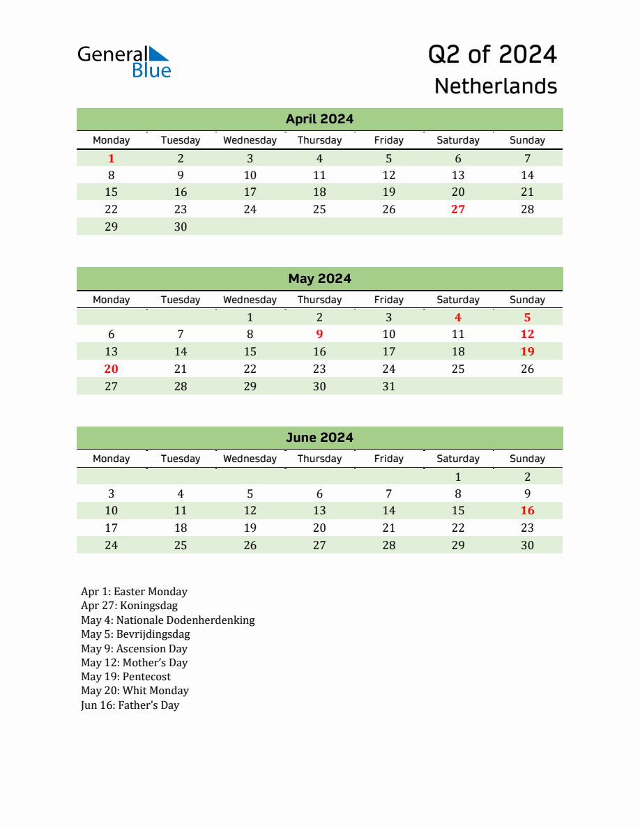 Quarterly Calendar 2024 with Netherlands Holidays