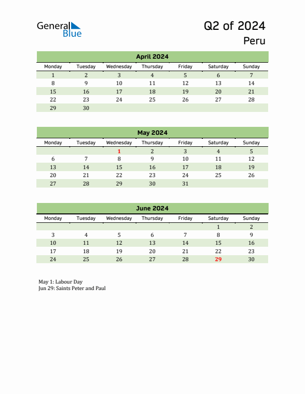 Quarterly Calendar 2024 with Peru Holidays