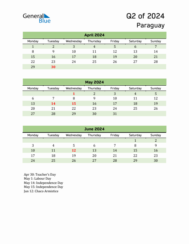 Quarterly Calendar 2024 with Paraguay Holidays