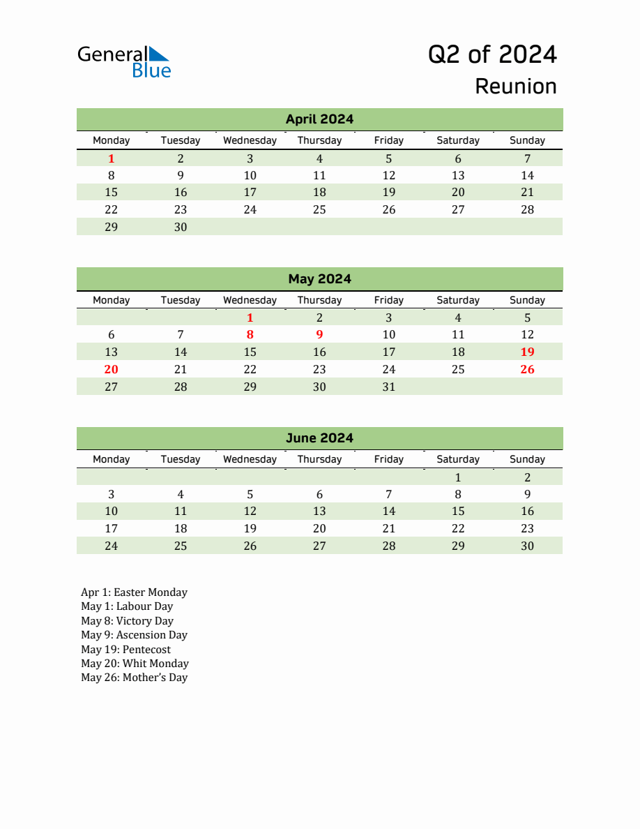 Quarterly Calendar 2024 with Reunion Holidays