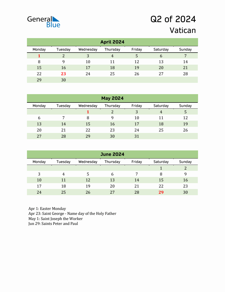 Quarterly Calendar 2024 with Vatican Holidays