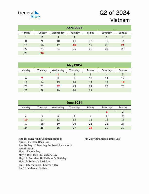 Quarterly Calendar 2024 with Vietnam Holidays