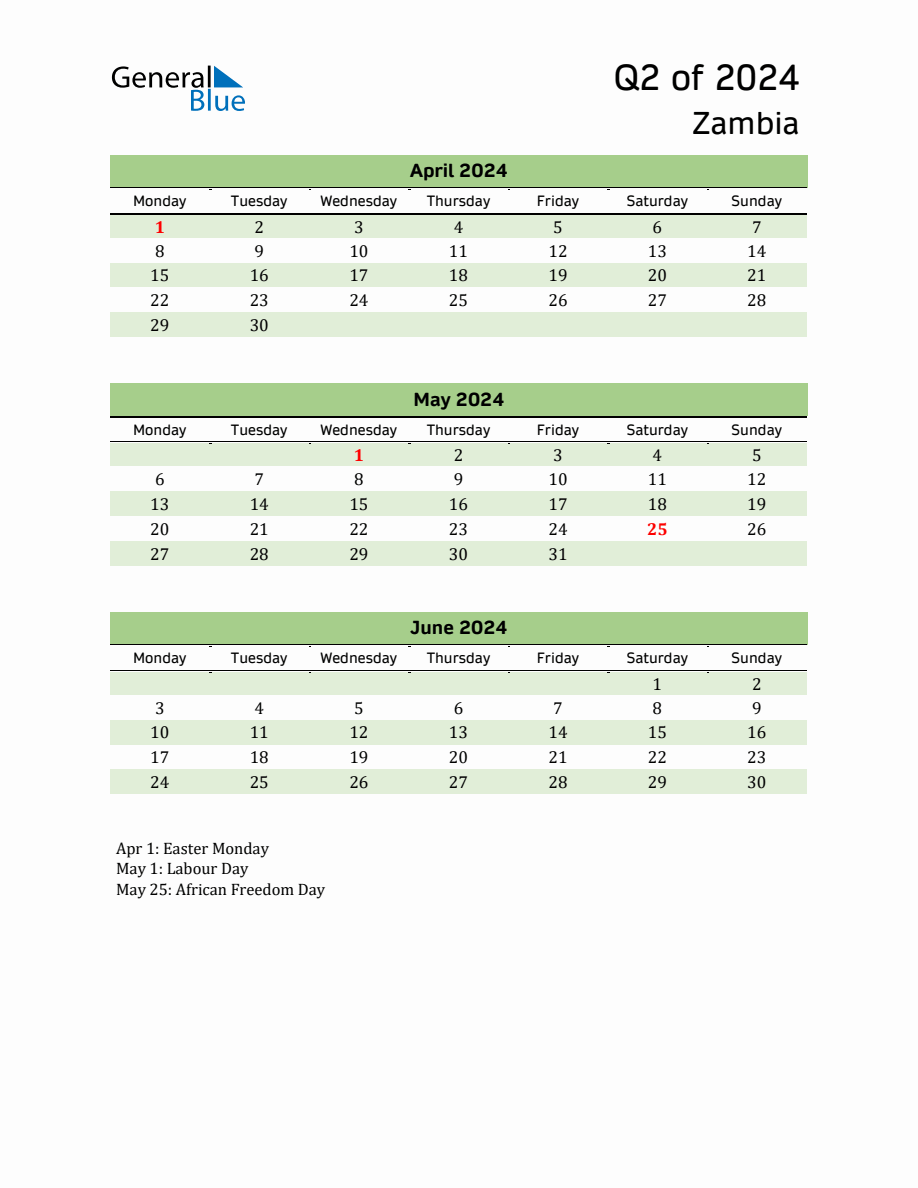 Quarterly Calendar 2024 with Zambia Holidays