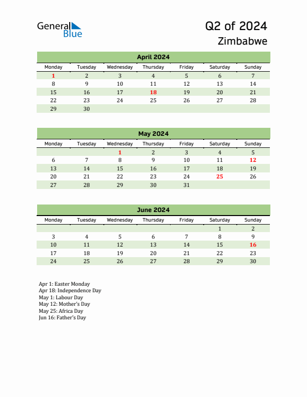 Quarterly Calendar 2024 with Zimbabwe Holidays