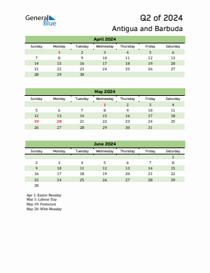 Antigua and Barbuda Quarter 2  2024 calendar template