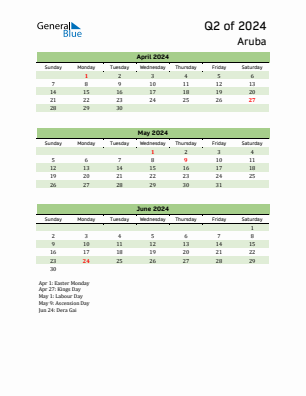 Aruba Quarter 2  2024 calendar template