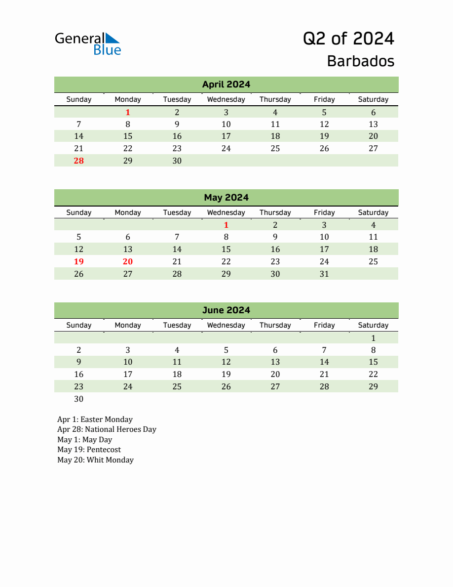 Quarterly Calendar 2024 with Barbados Holidays